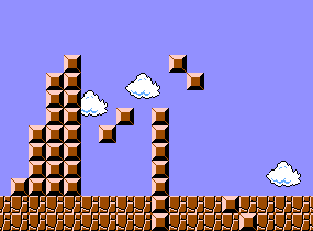 A pile of square blocks with several stray blocks floating in air and some buried in the ground.