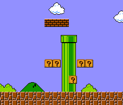 A pipe cutting through some ? blocks that contain coins, while a ? block with a powerup is lodged inside the pipe