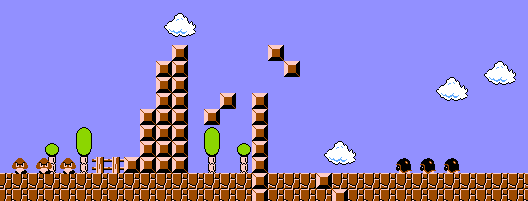 A jumble of blocks that represents three staircases on top of each other; the background scenery changes from trees and fences to clouds; there are 3 Goombas on the left and 3 Buzzy Beetles on the right