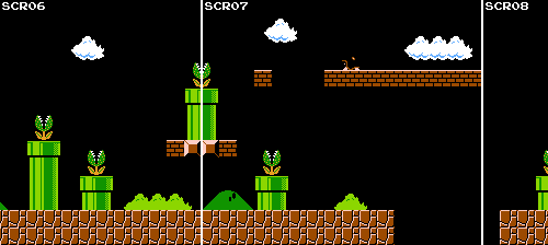 A map of level 6-2 from Super Mario Bros. showing the screen boundaries and how the midair pipe straddles two screens
