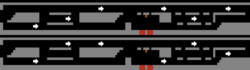 Maps of levels 7-4 from Super Mario Bros. and 7-4 from VS. Super Mario Bros. and how they differ