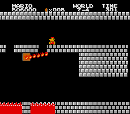 A gif of Mario falling down a small gap between blocks in level 7-4 of VS. Super Mario Bros. in order to make a very tight jump