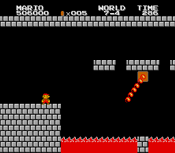 A screenshot of level 7-4 from VS. Super Mario Bros. showing a much larger lava pit that makes the required jump impossible
