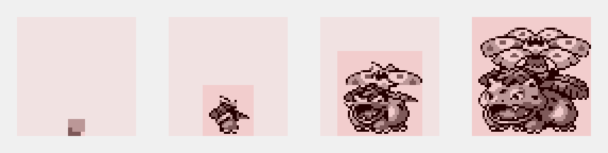 The four frames of Venusaur growing after coming out of a Pokeball