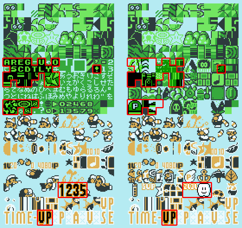 The currently loaded graphics files at the course clear screen; normal graphics on the level and glitch graphics on the right