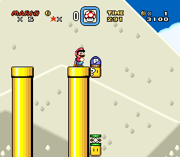 Puffy Mario struggling to grab a P-Switch