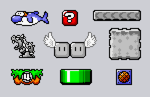 Various platforms, a Dolphin, a Bowser Statue, a Message Block, and a red ? block switch