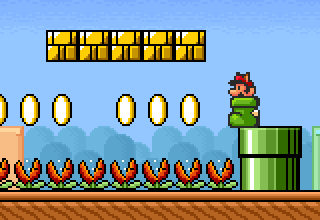 Mario in Kuribo's shoe staring at a line of munchers