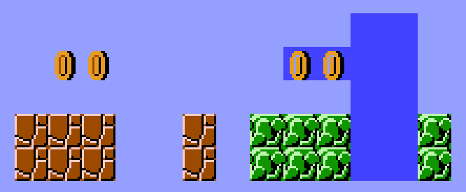 Some coins and a bottomless pit in overworld and underwater styles