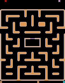Ms. Pac-Man's third maze with target tiles in the four corners and bottom center marked