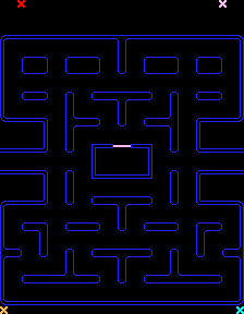 The Pac-Man maze with target tiles in the four corners marked