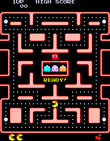 A bunch of instances of the start of Ms. Pac-Man overlaid on top of each other
