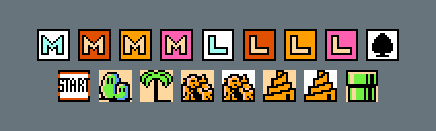 A variety of level tiles, including the cleared level tiles, start, roulette game, and pipe