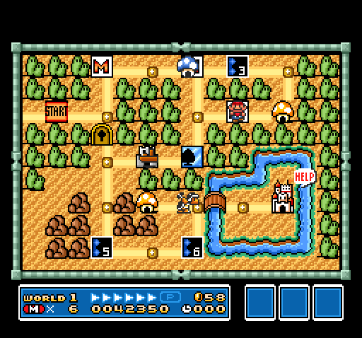 In Super Mario All-Stars, a Blue Mushroom House and normal brown Airship on the world 1 map