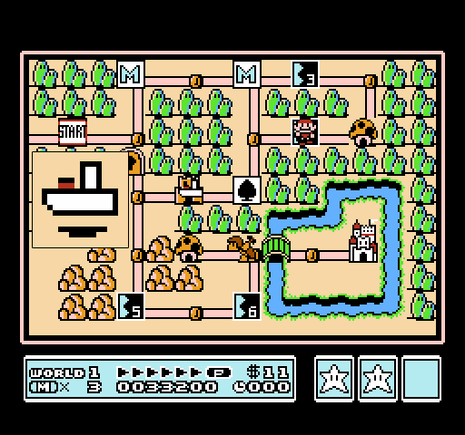 A White Airship flying on top of the first fortress in world 1